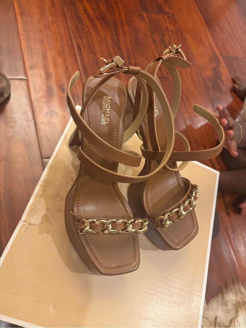 Michael Kors Brown Tan Platform High Heel Sandals with Gold Chain
